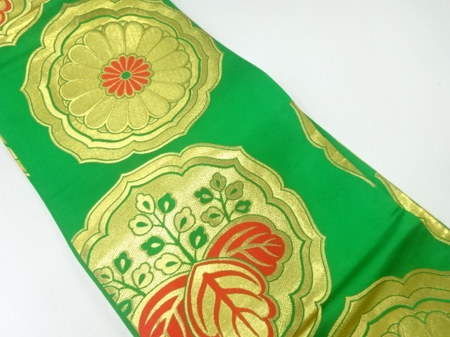 JAPANESE KIMONO / ANTIQUE MARU OBI / WOVEN KIKU & PAULOWNIA